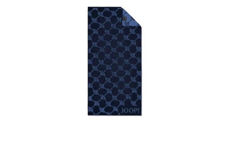 JOOP! Handtuch Classic Cornflower 50x100cm, dunkelblau mit hellblauem geometrischem Muster und Joop-Branding.