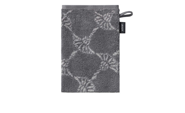 JOOP! Waschhandschuh Classic Cornflower Grau 16x22cm, mit Schleife & schwarzem Etikett, weiche Naturfaser, auf weißem Hintergrund.