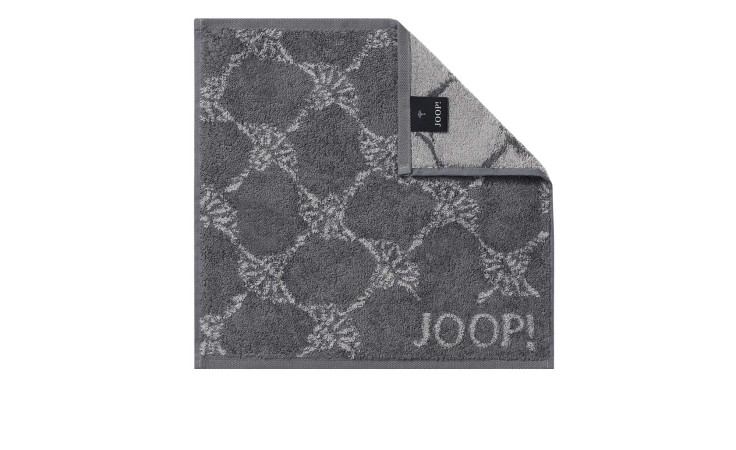 JOOP! Seiftuch Classic Cornflower 30x30 cm in Anthrazit, grau gemustert mit Logo in einer Ecke und gefaltetem Rand.