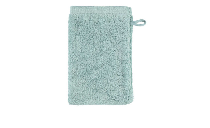 Hellblauer Cawö Waschhandschuh Lifestyle 16 x 22 cm mit Seitenschlaufe, abgebildet auf weißem Hintergrund.