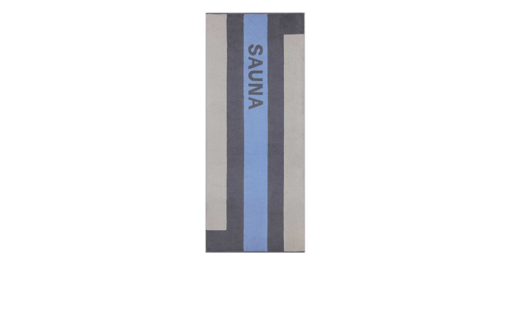 Die Cawö Saunatuch Sauna 80 x 200 cm hat vertikale blaue und graue Streifen mit dem blauen Aufdruck "SAUNA".
