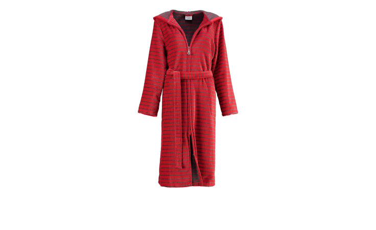 Cawö Damenbademantel Gr. 42, rot-grau gestreift, mit Kapuze, Reißverschluss und Gürtel.