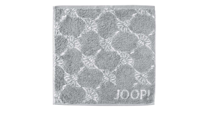 Das JOOP! Seiftuch Classic Cornflower ist ein silberfarbenes 30x30cm Naturfaser-Handtuch mit Rautenmuster und Logostickerei.