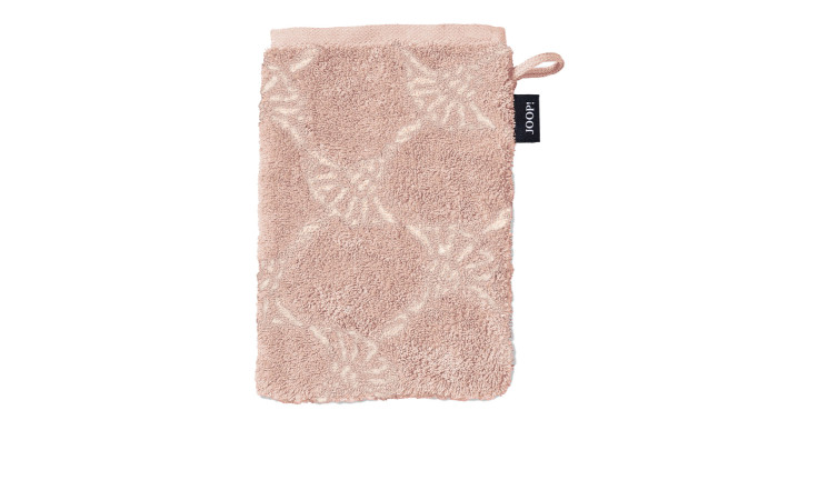 Hellrosa JOOP! Waschhandschuh Classic 16x22cm mit Schlaufe und schwarzem Joop-Etikett, isoliert auf weißem Hintergrund.