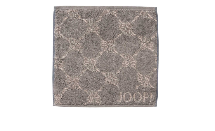 Das JOOP! Seiftuch Classic Cornflower 30x30 cm ist ein graues Handtuch mit dezentem geometrischem Muster und JOOP!-Logo.