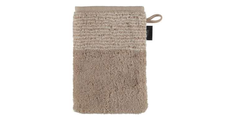 Cawö Waschhandschuh Two-Tone 16 x 22 cm in beige mit Schlaufe und schwarzem Etikett, abgebildet auf weißem Hintergrund.