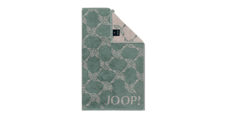 JOOP! Gästetuch Classic 30x50cm, grün gemustert mit Blatt-Design und sichtbarer Rückseite in einer Ecke.