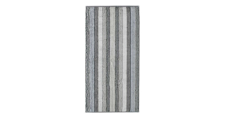 Cawö Duschtuch Unique 70 x 140 cm mit vertikalen schwarzen, weißen und anthrazitfarbenen Streifen auf weißem Grund.