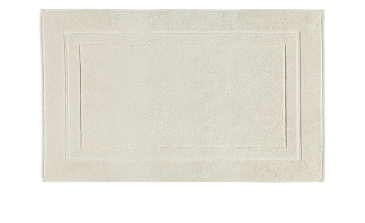 Die Cawö Badematte Classic 50 x 80 cm ist eine beige, rechteckige Naturfaser-Badematte mit schlichtem Bordürendesign.
