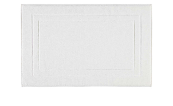 Die Cawö Badematte Classic 50 x 80 cm ist eine weiße, rechteckige Badematte mit einer schlichten, zweizeiligen Bordüre.