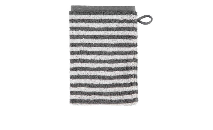 Cawö Waschhandschuh Campus 16 x 22 cm in grau-weiß gestreift mit Aufhängeöse, abgebildet auf weißem Hintergrund.