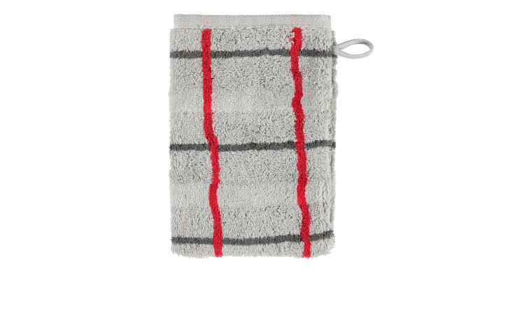 Cawö Waschhandschuh Noblesse Square 16x22 cm, grau mit schwarzen und roten Streifen, gefaltet mit einer Aufhängeschlaufe oben rechts.