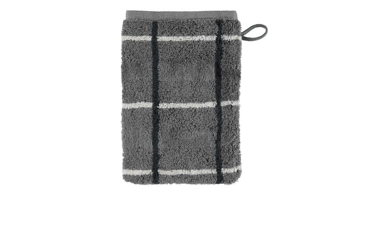 Cawö Waschhandschuh Noblesse Square 16x22cm in Anthrazit mit Streifen, Naturfaser, und einer Aufhängeschlaufe oben rechts.
