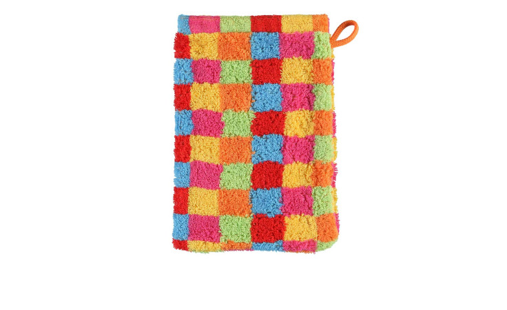 Der Cawö Waschhandschuh Lifestyle 16 x 22 cm ist bunt kariert und hat eine orangefarbene Aufhängeschlaufe zum einfachen Aufhängen.