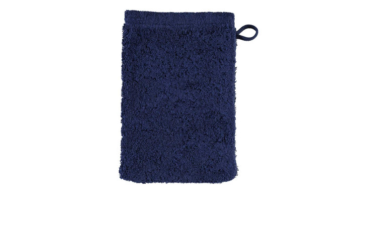 Blauer Cawö Waschhandschuh Lifestyle 16 x 22 cm aus Naturfaser mit Schlaufe oben rechts.