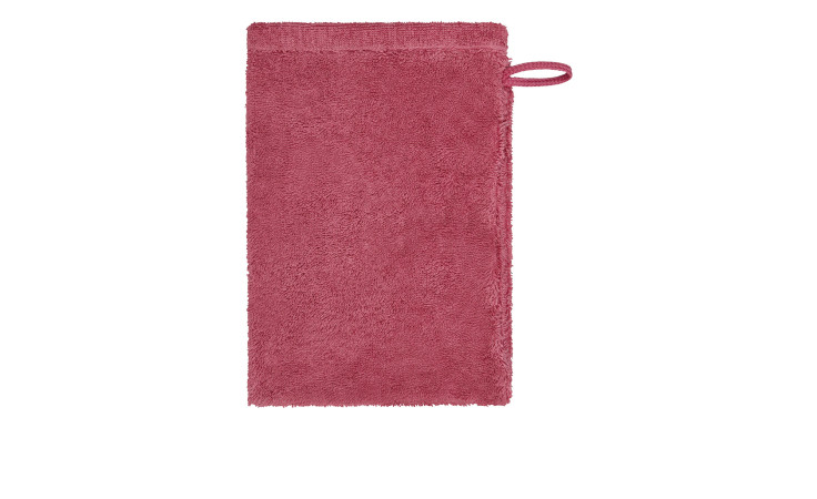 Der Cawö Waschhandschuh Lifestyle 16 x 22 cm ist ein rechteckiger rosa Waschlappen mit einer Aufhängeschlaufe an der rechten Seite.