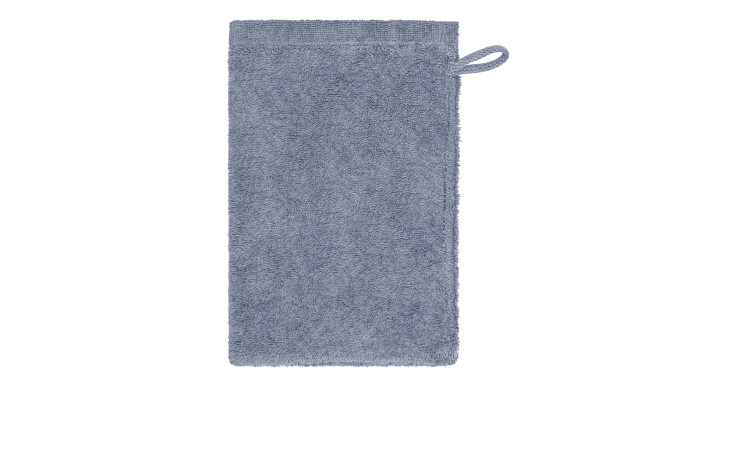 Der Cawö Waschhandschuh Lifestyle 16 x 22 cm ist ein grauer Naturfaser-Waschhandschuh mit einer Schlaufe oben rechts auf weißem Grund.