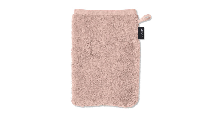 Der JOOP! Waschhandschuh Classic 16 x 22 cm ist ein weicher, nackter Naturfaser-Waschhandschuh mit Schlaufe und schwarzem Anhänger.