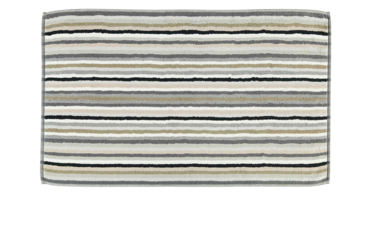 Cawö Badematte Lifestyle 50x80 cm: quadratisch, weiche Naturfaser, Grau, Beige & weiß gestreift auf weiß.
