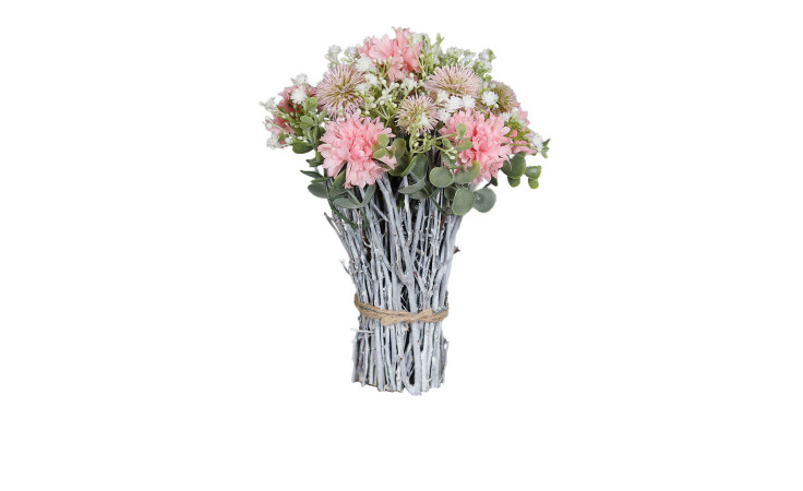 Das DPI Blumen-Arrangement 24 cm zeigt rosa Blüten und grünes Laub, gebunden mit Garn auf weißem Hintergrund.
