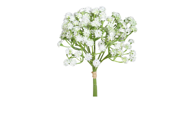 Der Schleierkraut-Bund 27 cm ist ein kleiner Strauß aus cremeweißen Kunstblumen mit grünen Stielen und einem beigen Band.