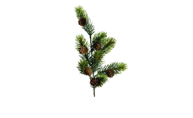 Tannenzweig 38 cm aus Kunststoff in grün mit braunen Tannenzapfen.