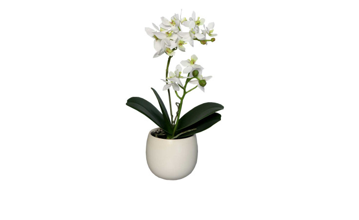 Orchidee 34 cm aus Kunststoff mit grünen Stiel und Blätter und weißen Blüten und Untertopf.