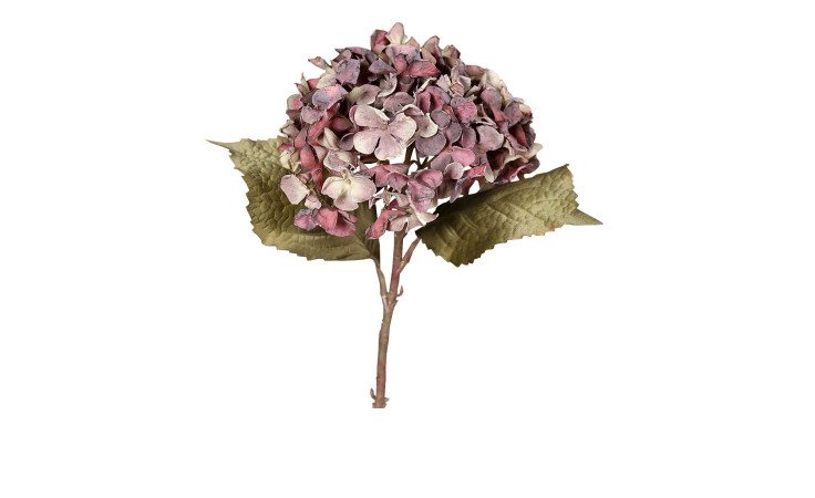 Hortensie 45 cm aus Kunststoff mit grünen Stiel und Blätter und lila Blüten.