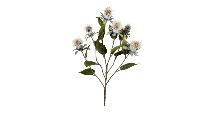 Distelkugel 94 cm aus Kunststoff mit grünen Stiel und Blätter und weißen Applikationen.