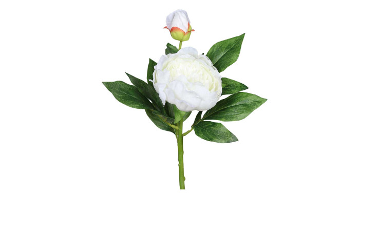 Päonie 36 cm aus Kunststoff mit weißen Blüten und grünen Stiel und Blätter.