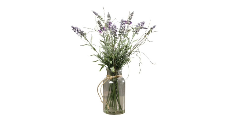 Lavendelarrangement im Glas 40 cm aus Kunststoff mit lila Blüten und grünen Stiel und Blätter.