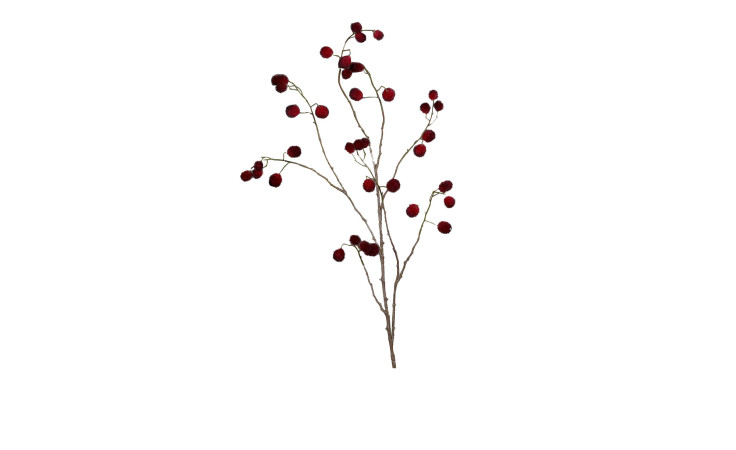 Der Kugelzweig 117 cm hat dünne braune Stiele mit kleinen, runden roten Beeren, die auf einem weißen Kunststoffhintergrund abgebildet sind.