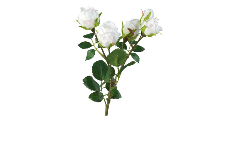 Mini-Rosenzweig 37 cm aus Kunststoff mit weißen Blüten und grünen Stiel und Blätter.