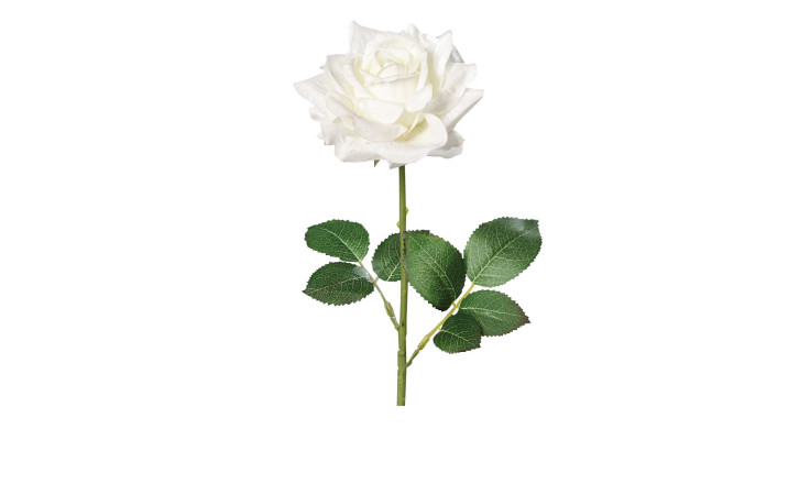 Rose 68 cm aus Kunststoff mit einer weißen Blüte und grünen Stiel und Blätter.