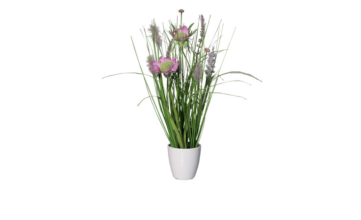 Wiesenblumengras 34 cm aus Kunststoff in grün mit lila Blüten und Applikationen. Zusätzlich mit einem weißen Untertopf in weiß.