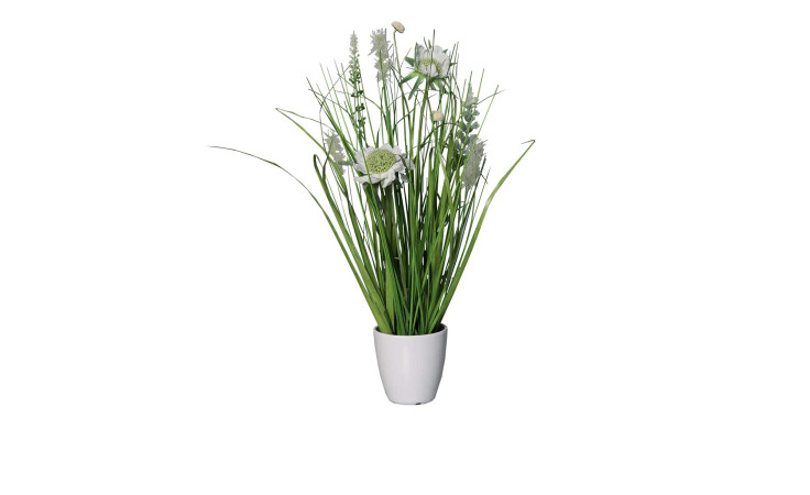 Wiesenblumengras 34 cm aus Kunststoff in grün mit weißen Blüten, Applikationen und Untertopf.