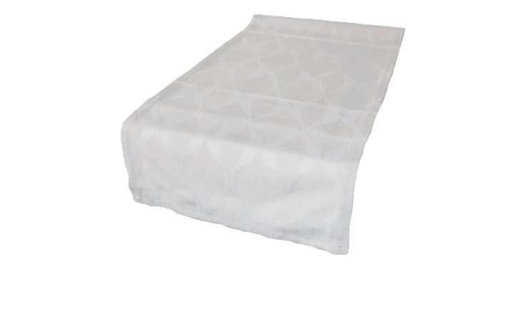 Der Tischläufer Tasos 40 x 140 cm ist ein beiger Tischläufer mit einem dezenten Wellenmuster auf weißem Hintergrund.