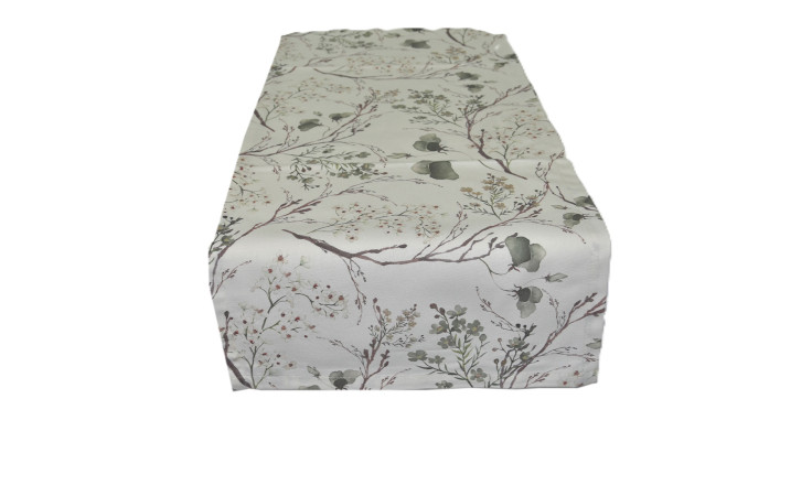 Tischläufer Mia 40x140cm, florales Design mit grünen Blättern und Zweigen auf weiß, Naturfaser.