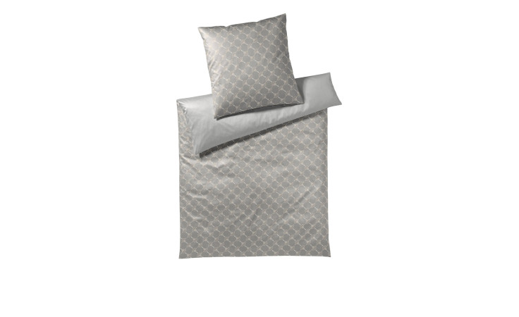 JOOP! Mako-Satin-Bettwäsche 135x200 cm von Joop, graues geometrisches Set mit Kopfkissenbezug auf weißem Hintergrund.