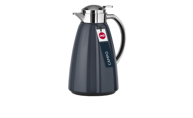 Eine dunkelblaue Emsa Isolierkanne Campo 1 l Thermoskanne mit Henkel und Chromdeckel.