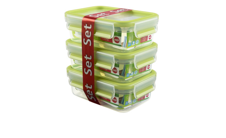 Emsa Frischhaltedosen-Set Clip & Close 3tlg. mit grünen Deckeln, gestapelt und umwickelt mit einem roten Band auf weißem Grund.