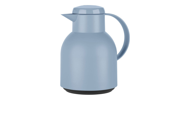 Emsa Isolierkanne Samba 1 l aus blauem Kunststoff mit Griff und Ausguss vor weißem Hintergrund.