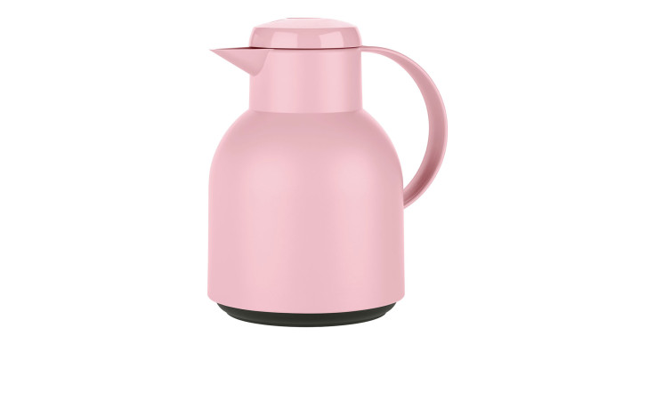 Die Emsa Isolierkanne Samba 1 l ist eine rosa-weiße Isolierkanne mit Henkel und Ausguss auf weißem Grund.