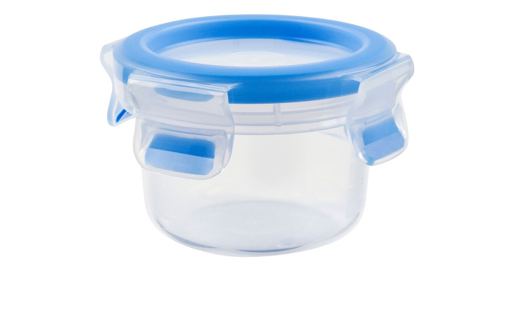 Emsa Frischhaltedose Clip & Close 150 ml, transparent mit blauem Deckel und vier Clips, abgebildet auf weißem Hintergrund.