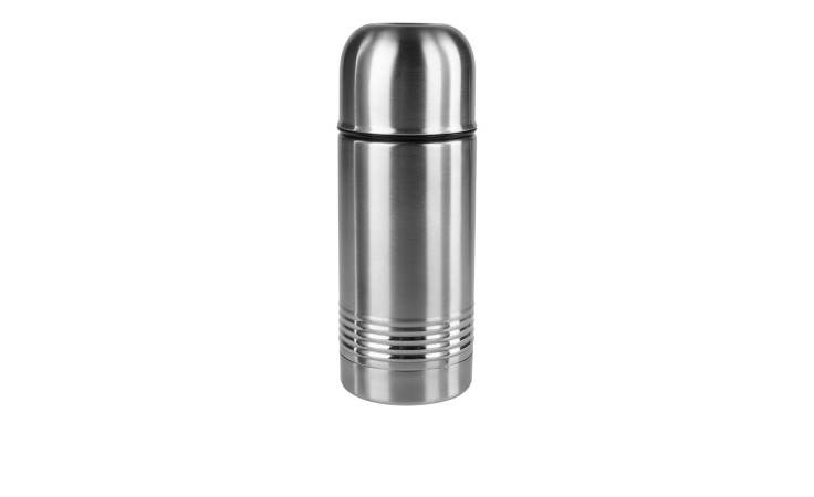 Die Emsa Isolierflasche Senator 350ml in silber mit Schraubdeckel, abgebildet auf weißem Hintergrund.