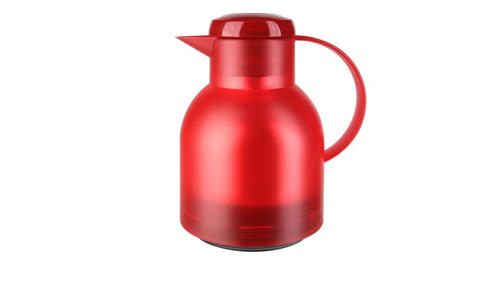 Emsa Isolierkanne Samba 1 l, rote Kunststoff-Thermoskanne mit Henkel und Ausguss, auf weißem Grund.