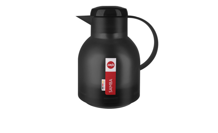 Emsa Isolierkanne Samba 1 l in Schwarz, schwarze Isolierkanne mit Henkel und Ausguss, rotes Samba-Etikett.
