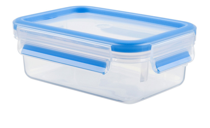 Emsa Frischhaltedose Clip & Close 800 ml: rechteckiger Kunststoffbehälter mit blauem Deckel und Clips, isoliert auf Weiß.