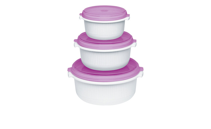 Drei Emsa Starter-Set Micro Family 3-teilige Behälter mit rosafarbenen Deckeln, sauber gestapelt vor weißem Hintergrund.