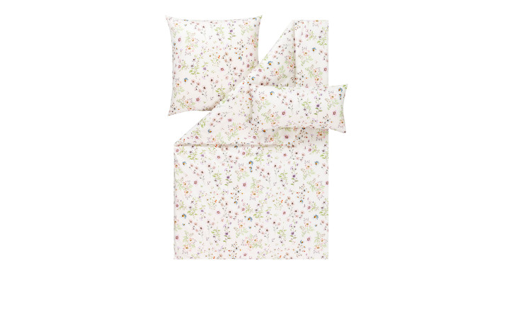 Estella Mako-Satin-Bettwäsche Petra 155x220 cm, pastellfarbenes Blumenmuster auf Weiß, inkl. Bett- und Kopfkissenbezug.